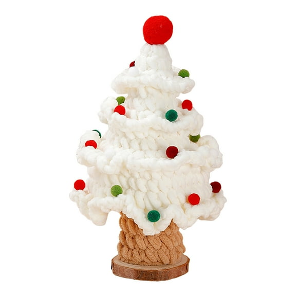 wowotier 10 Inch Crochet Christmas Tree Decoration, Hand Knitted Xmas Tree with Colorful Pom Poms, Star Treetop and Wood Base Ornament for Holiday Festival Party Home Tabletop Decor