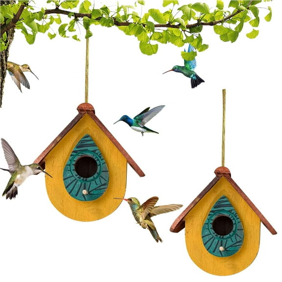 wowotier Hanging Bird Houses for Outside Wooden Birdhouses, Colorful Bird House for Garden Patio Decorations, Waterproof Bird House with Iron Hanging Chain, Gift for Bird Lovers