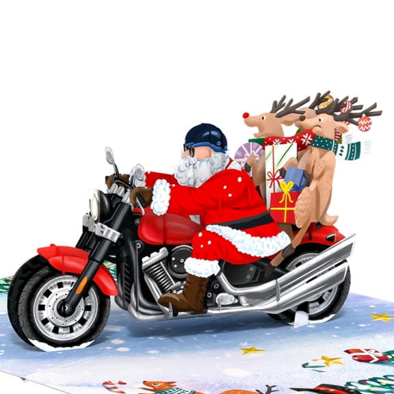 Santa Claus Riding Motorcycle 3D Pop Up Greeting Card, Handmade Pop Up Greeting Cards For Christmas, Holidays, Congratulations, Noel, Xmas | 5" x 7" Includes Envelope and Note