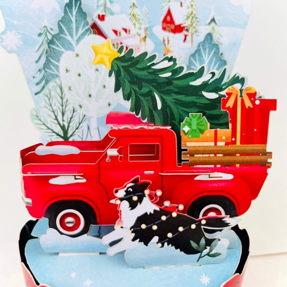 Merry Christmas Truck with Puppy 3D Pop Up Greeting Card, Handmade Pop Up Greeting Cards For Xmas, Thank You, Noel, Thinking of You, Holiday, 5" x 7" Includes Envelope and Note