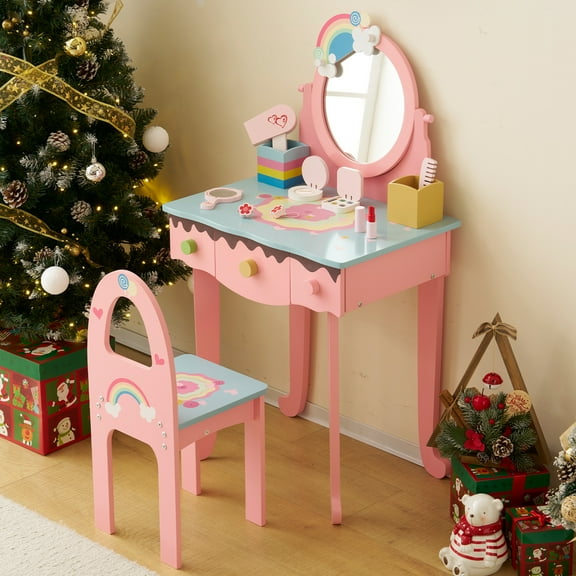 wqmh Kids Vanity Table and Chair Set, Princess Toddler Dressing Table with 7pcs Multiple Make up Accessories 3 Drawers & Tabletop Storage, Wooden Pretend Play Vanity Set for Little Girls, Pink