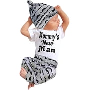 wsevypo 3Pcs Baby Boy Clothes Mommys New Man Print Bodysuit Summe Cotton Short Sleeve Romper Moustache Pants+Hat Outfits Set