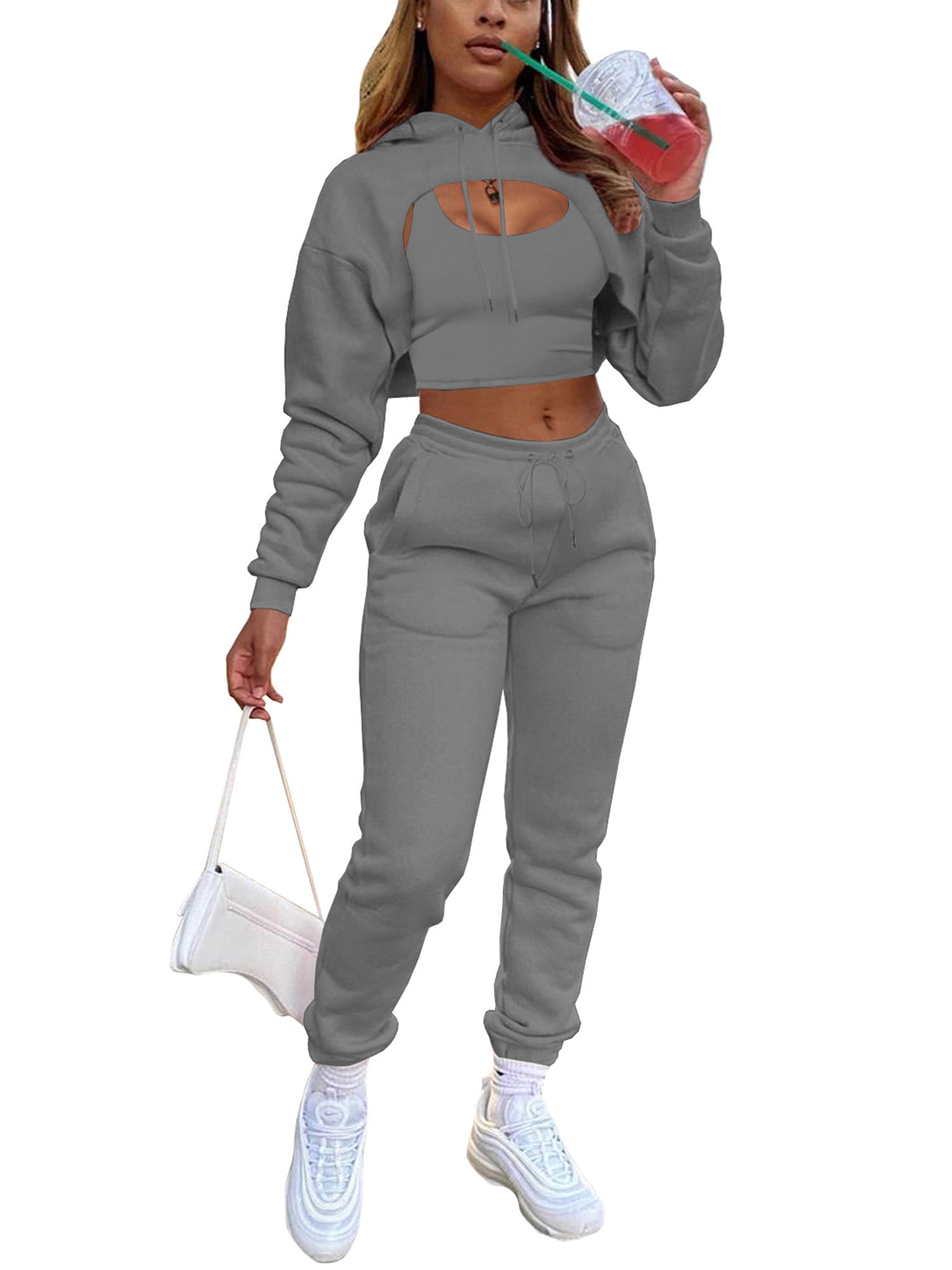 Classy Winter Tracksuit Set For Women Fleece Hollow Out Cropped Hoodie And  Cotton Vest Jogging Pants From Wumartstore888, $22.98