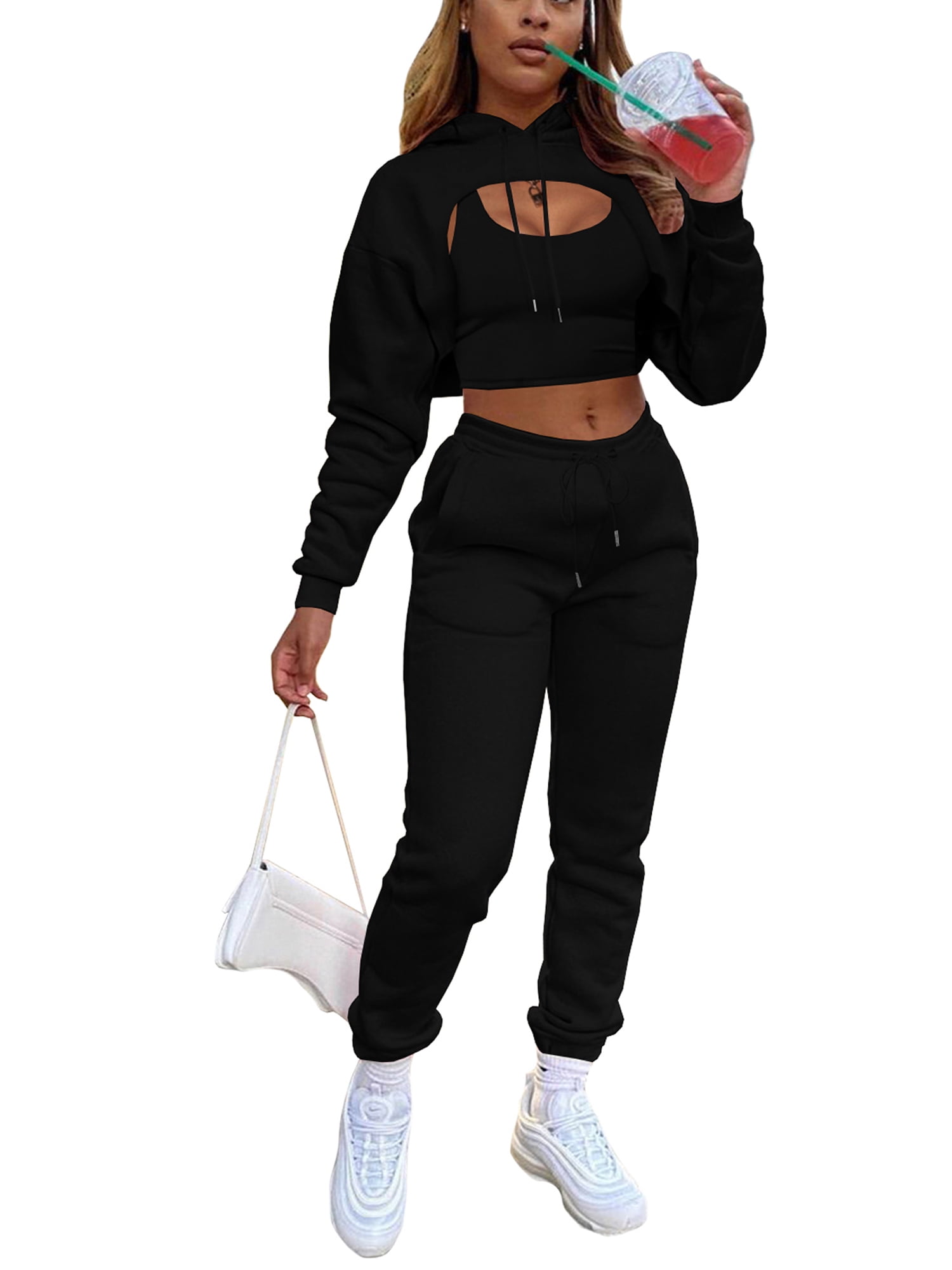 wsevypo Womens 3pcs Tracksuit Cutout Drawstring Hoodie Sport Bra Tank Crop Top High Waisted Sweatpants Cinch Bottom Jogger Set