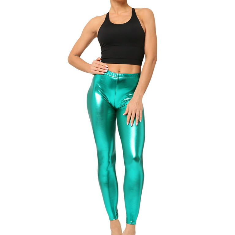 wsevypo Womens Faux Patent Leather Leggings Metallic Waist Pants Trousers  High Waist Mid-Rise Ankle-Length Tight Trousers 