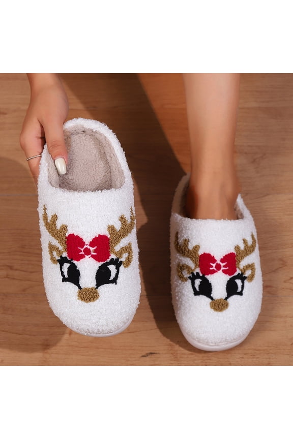 Women's Christmas Deer Slippers, Winter Indoor Outdoor Slippers, Flock Upper TDR Sole Non-Slip, Warm Comfortable Easy to Wear, Ideal for Home Bedroom Office Bathroom Casual Festive Wear