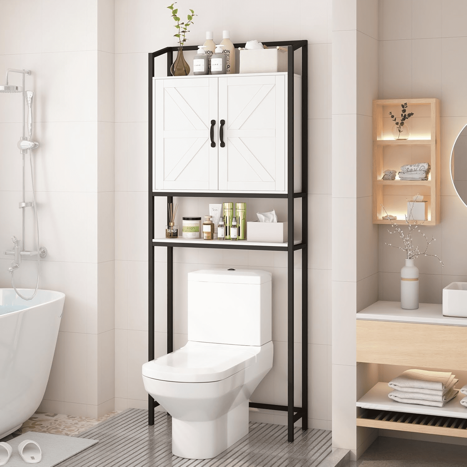 wuieqih Over The Toilet Storage Cabinet with 2 Barn Doors and 10 ...