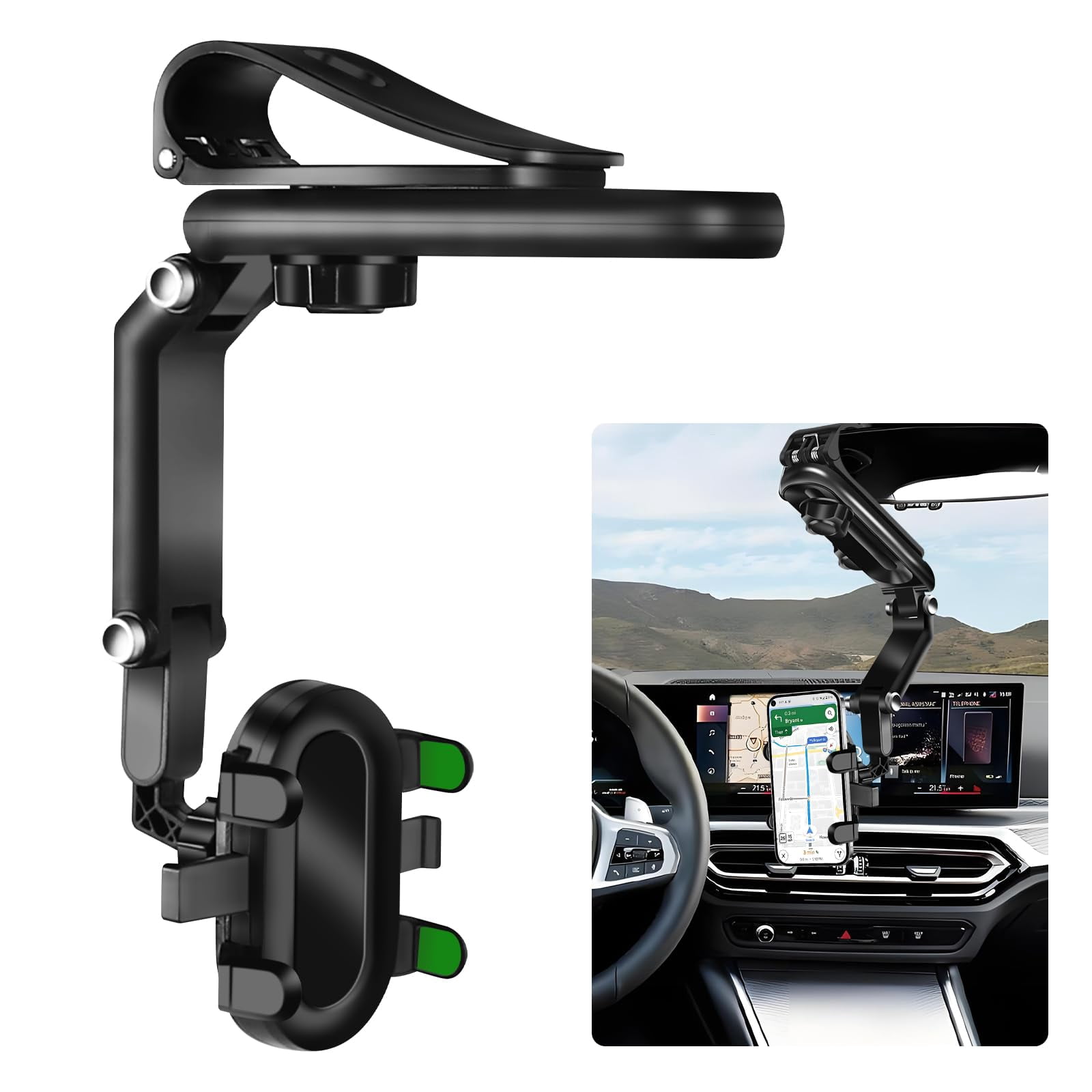 wuyaoyao Sun Visor Car Phone Holder, 1080 Rearview Phone Holder for Car Sun Visor Clamp, Multifunctional Rotatable and Retractable Phone Holder Compatible with Most Mobile Phones (Green) C68