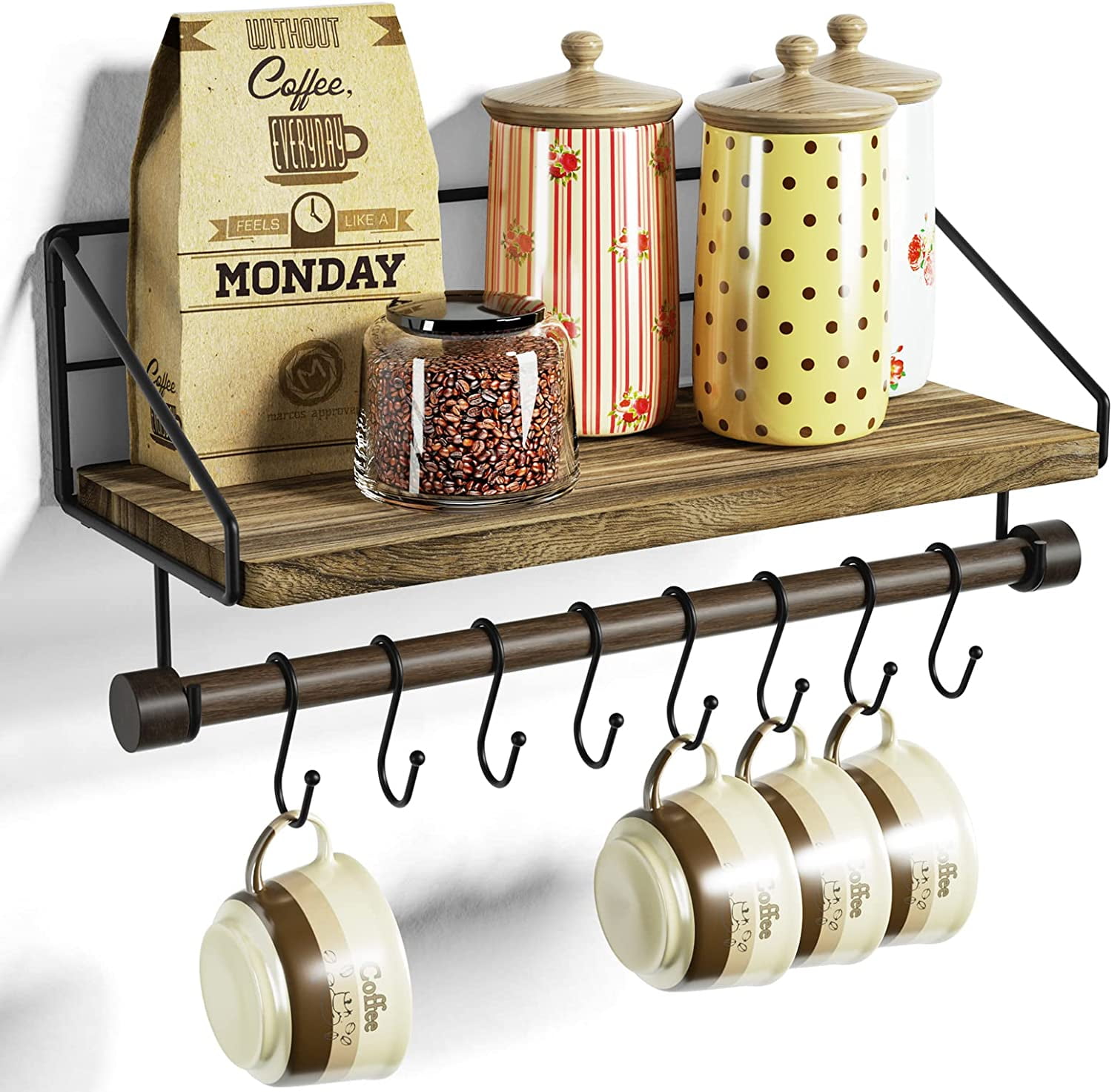wxysydf Floating Shelf Wall-Mounted Coffee Bar Shelf with Hooks and ...