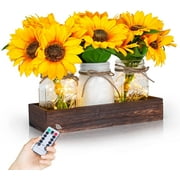 sasyxdc Mason Jar Lights Table Centerpiece Decoration for Dining Room Living Room Kitchen Decor Wood Tray with 3 Jars Farmhouse Coffee Centerpieces Table Decor