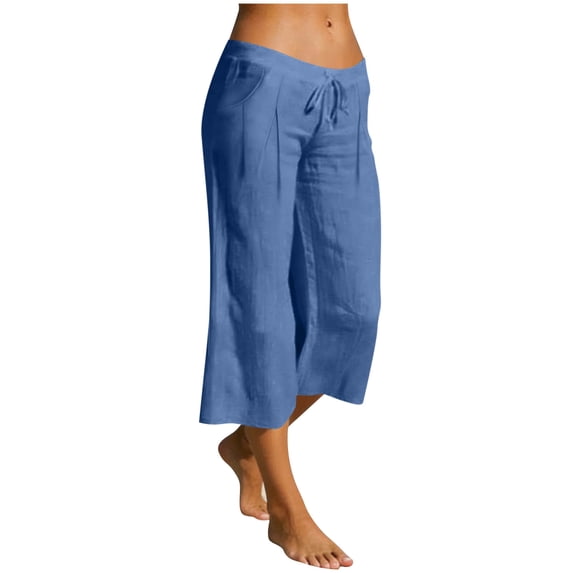 wyat Capri Pants for Women Cotton Linen Lightweight Casual Loose Elastic Waist Drawstring Wide Leg Capris Trousers with Pocket