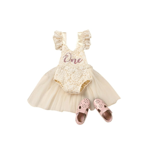 wybzd Baby Girl 1st Birthday Outfit Lace Tulle Romper Princess Tutu Dress First Birthday Photography Clothes Beige 18-24 Months