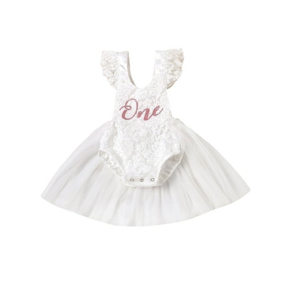 wybzd Baby Girl 1st Birthday Outfit Lace Tulle Romper Princess Tutu Dress First Birthday Photography Clothes White 9-12 Months