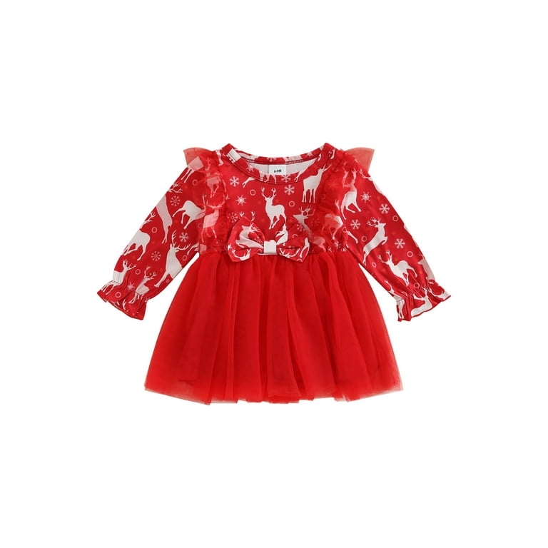 wybzd Baby Girls Autumn Christmas Red Dress Elk Print Long Sleeve