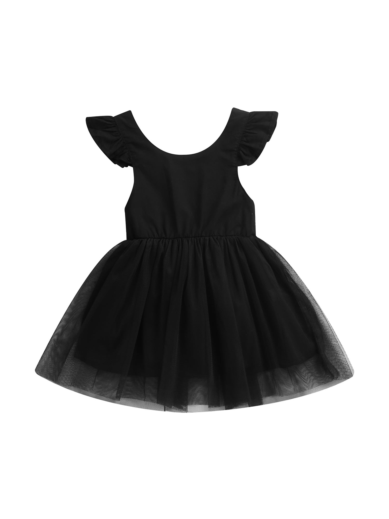 wybzd Baby Girls Fly Sleeve Dress Fashion Solid Color Round Neck Mesh Yarn  Stitching A-line Dress Black 5-6 Years