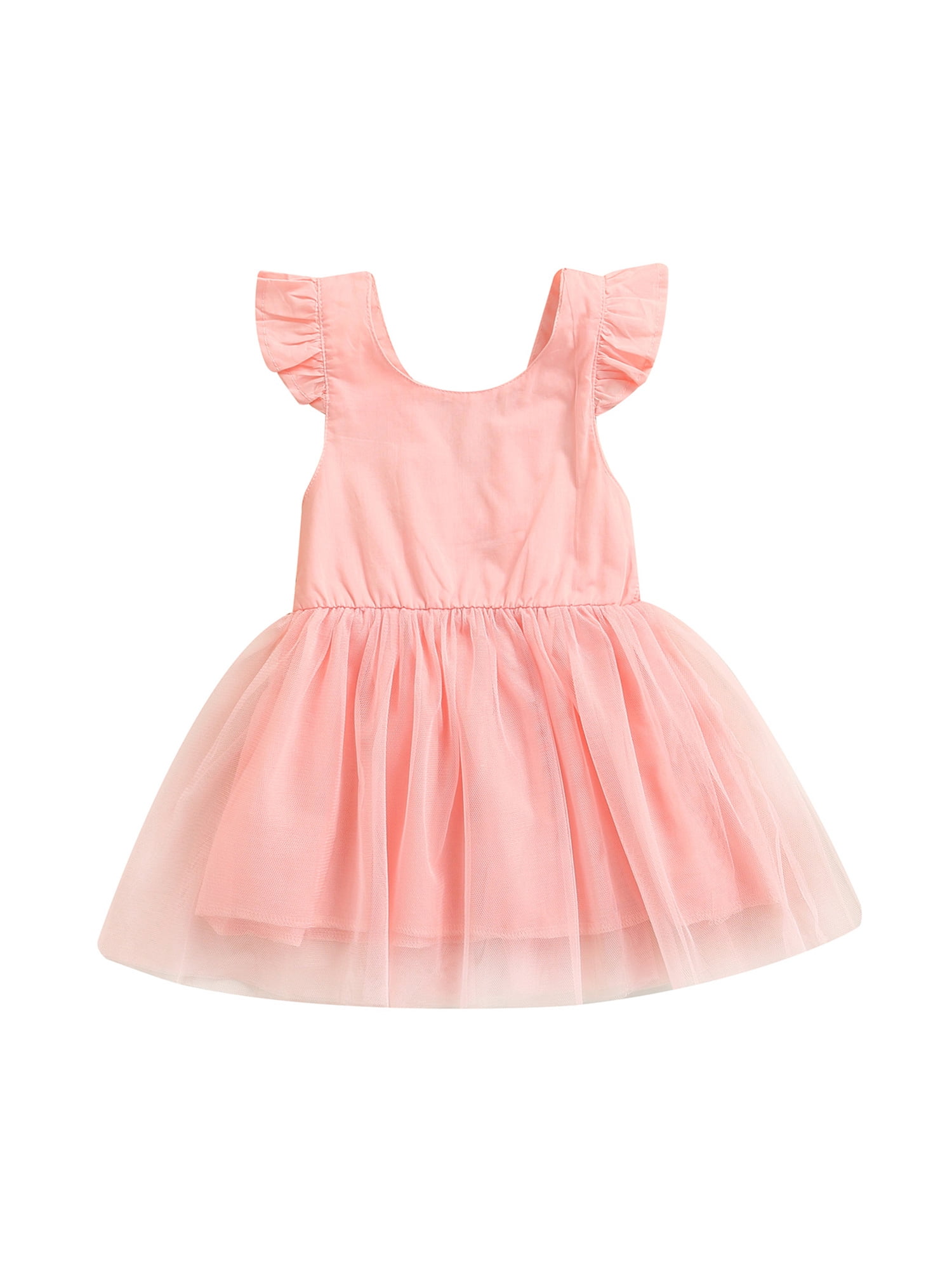 wybzd Baby Girls Fly Sleeve Dress Fashion Solid Color Round Neck Mesh Yarn  Stitching A-line Dress Pink 4-5 Years 