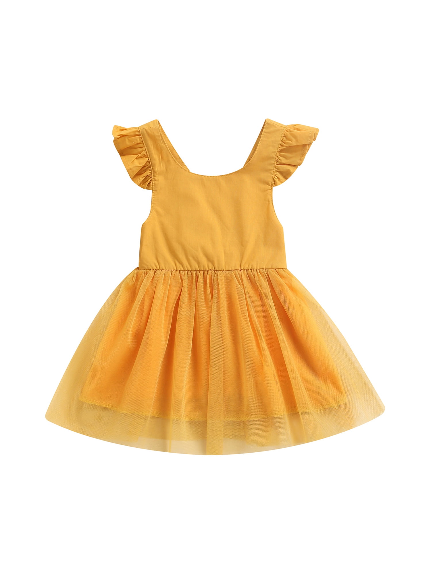 wybzd Baby Girls Fly Sleeve Dress Fashion Solid Color Round Neck
