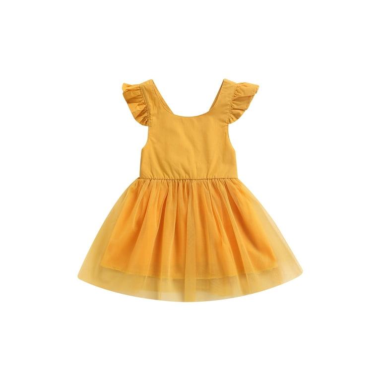wybzd Baby Girls Fly Sleeve Dress Fashion Solid Color Round Neck Mesh Yarn  Stitching A-line Dress Yellow 1-2 Years 