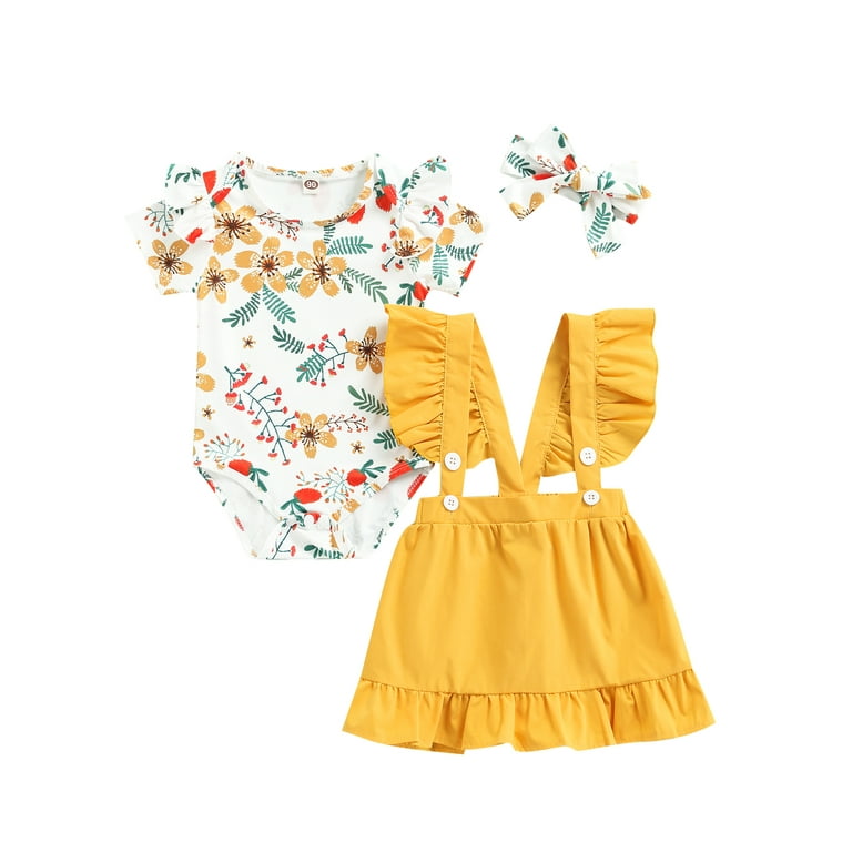 wybzd Infant Baby Girls Clothes Set Flower Print Rompers Button Skirts Strap Dress Outfits Costumes Yellow 3 6 Months