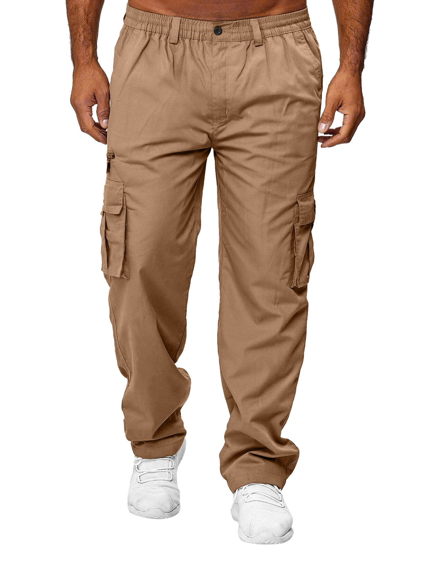 wybzd Men Casual Loose Straight Cargo Pants Elastic Waist Relaxed Fit  Straight Leg Trousers with Pockets Khaki M