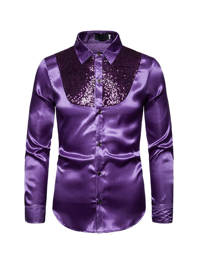 wybzd Men Sequin Shiny Long Sleeve Shirts Slim Fit Business Button
