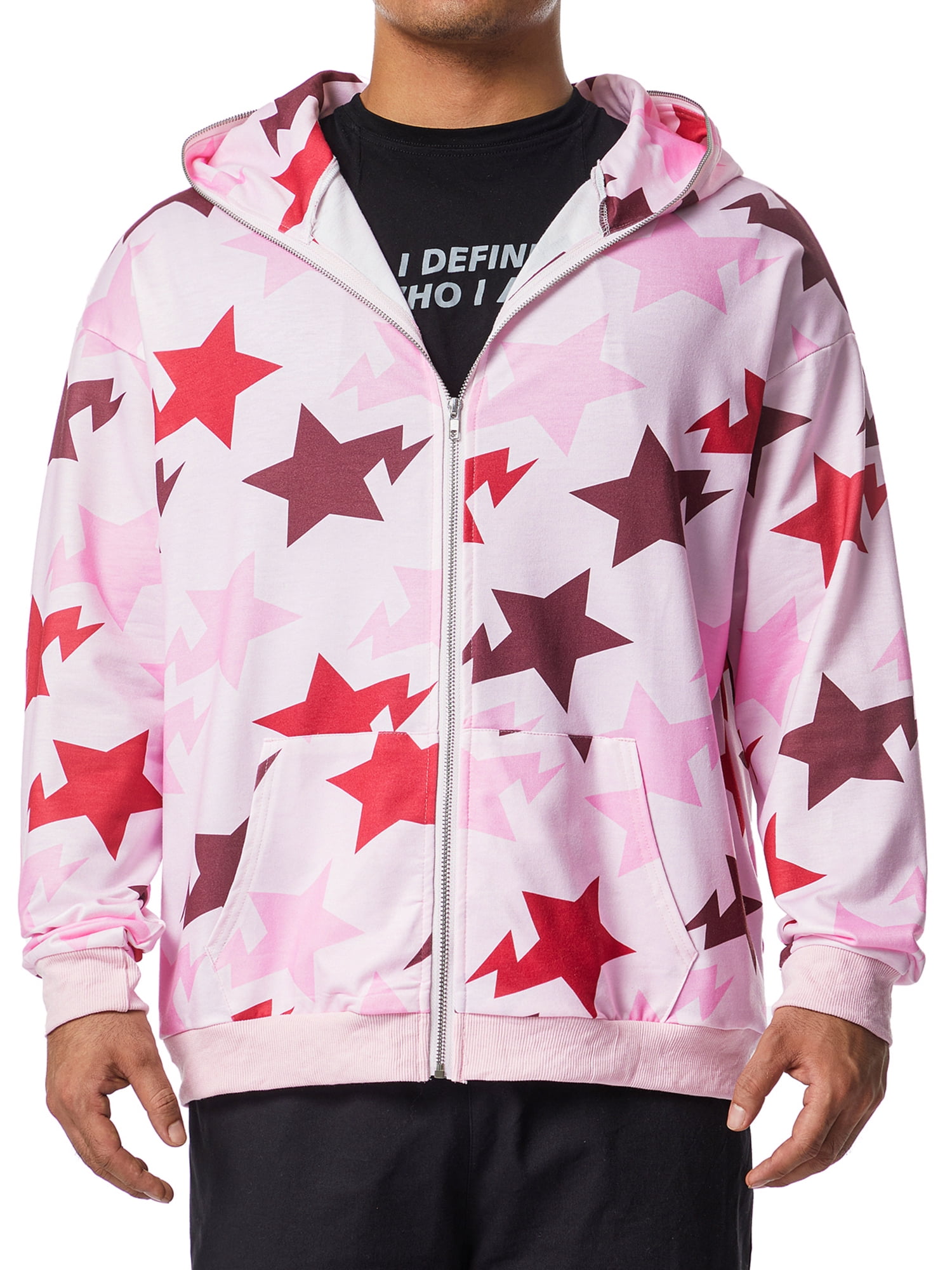 wybzd Men Stars Print Long Sleeve Hooded Sweatshirt 2000s Aesthetic Clothes  Zip Up Streetwear Fairycore Grunge Jacket Pink XL 