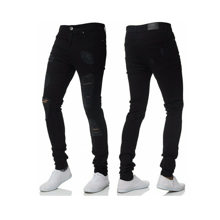 wybzd Mens Jeans Skinny Pants Stretch Jeans Classic Basic Slim Fit Trousers  Casual Plain Denim Jeans Shredded Trousers Black XXXL