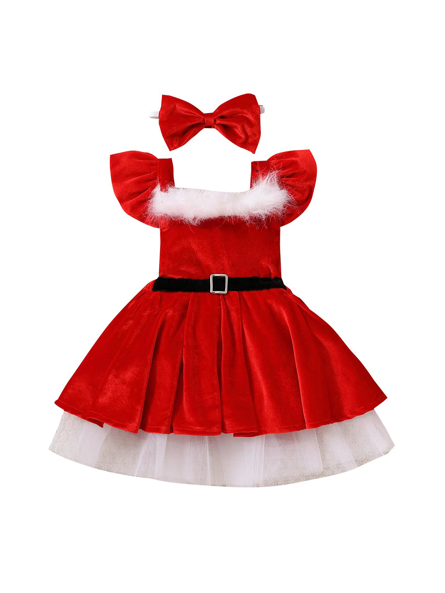 wybzd Toddler Baby Girl Christmas Dress Flying Sleeve Velvet Xmas