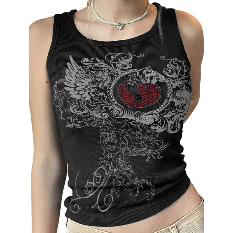wybzd Vintage Fairy Graphic Crop Tank Top for Women Sleeveless Rhinestone  Cami Vest Y2k 90S Goth Grunge Tees Black S