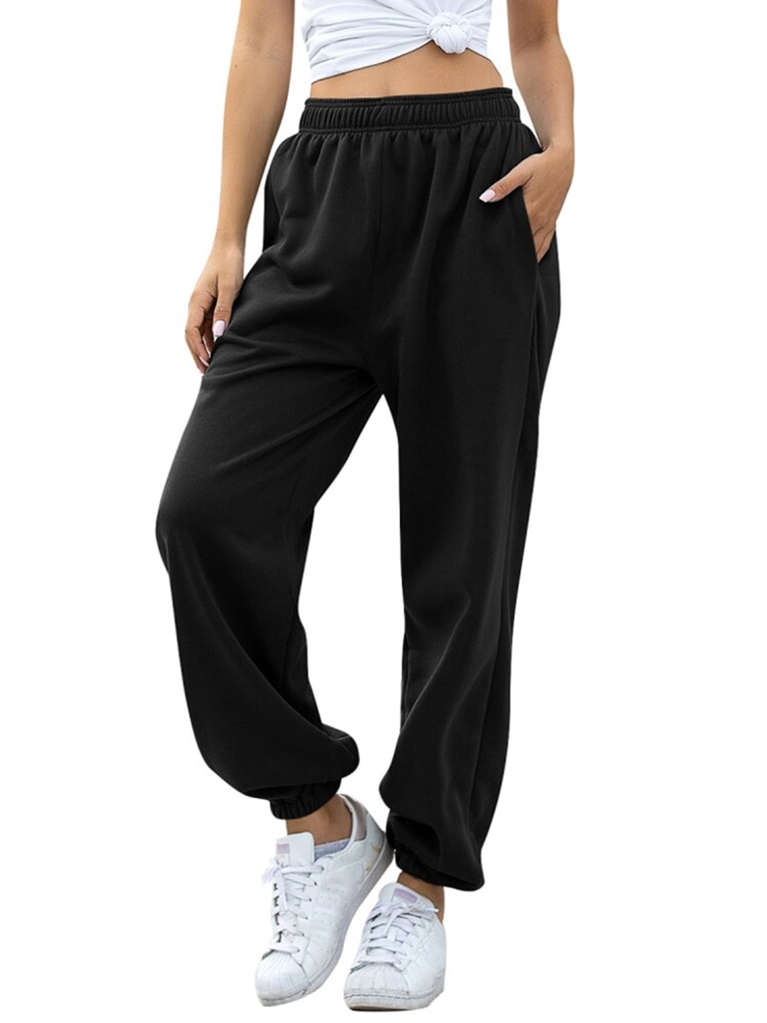 wybzd Women Casual Sport Pants Solid Running Jogger Pants Female Solid  Tracksuit Elastic Waist Ladies Sweatpants Baggy Trousers Black XL 