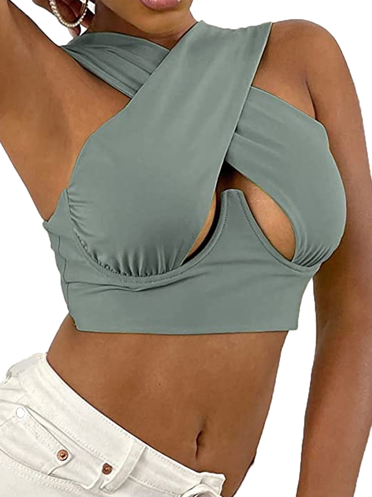 wybzd Women Crisscross Cut Out Vest Halter Wrap Crop Top Cami Tank Tops Y2k  Streetwear Light Gray S 