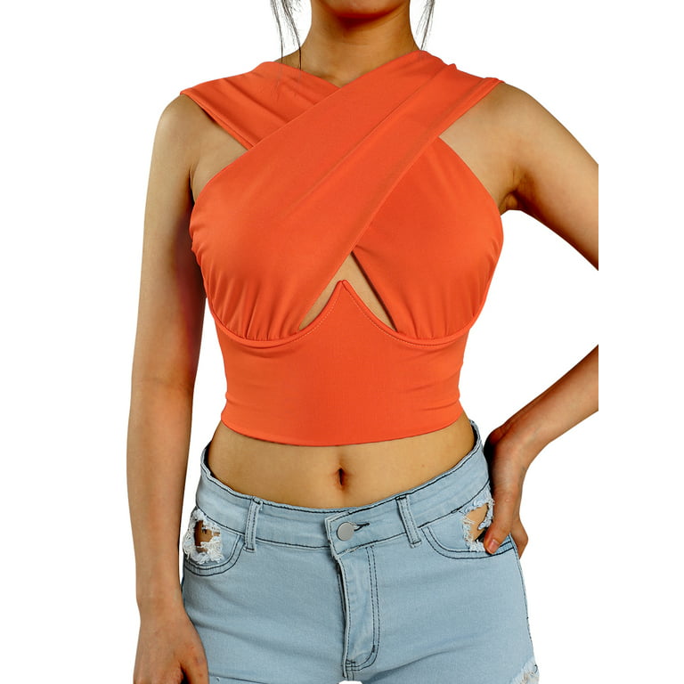 Wybzd Women Crisscross Cut Out Vest Halter Wrap Crop Top Cami Tank Tops Y2K Streetwear Orange 3XL, Women's
