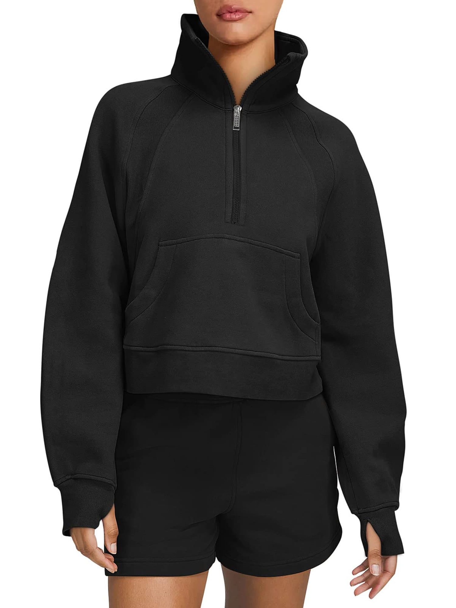 wybzd Women Cropped Half Zip Up Pullover Sweater Long Sleeve Crop Top Workout Sweatshirt with Thumb Hole Black L