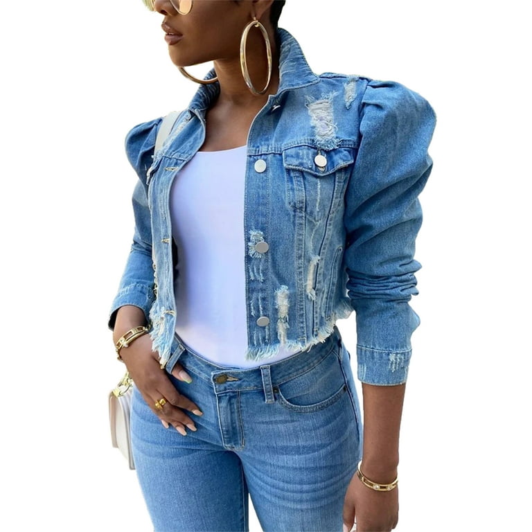 Puff sleeve denim jacket womens on sale