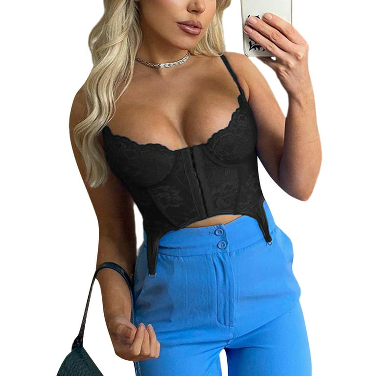 wybzd Women Lace Stitching Camisole V-Neck Front Hook and Eye Sling Vest  Summer Spaghetti Strap Corset Tank Tops Black L