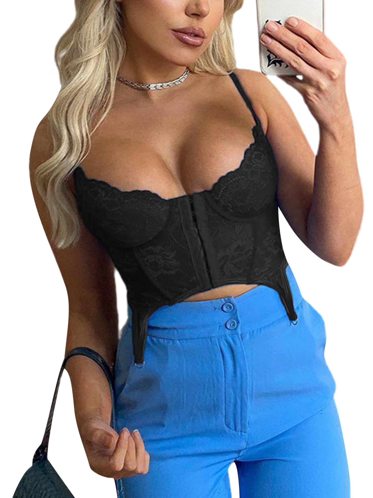wybzd V Neck Corset Crop Top for Women Backless Summer Casual Lace Bustier  Cami Spaghetti Strap Tank Tops Black S 