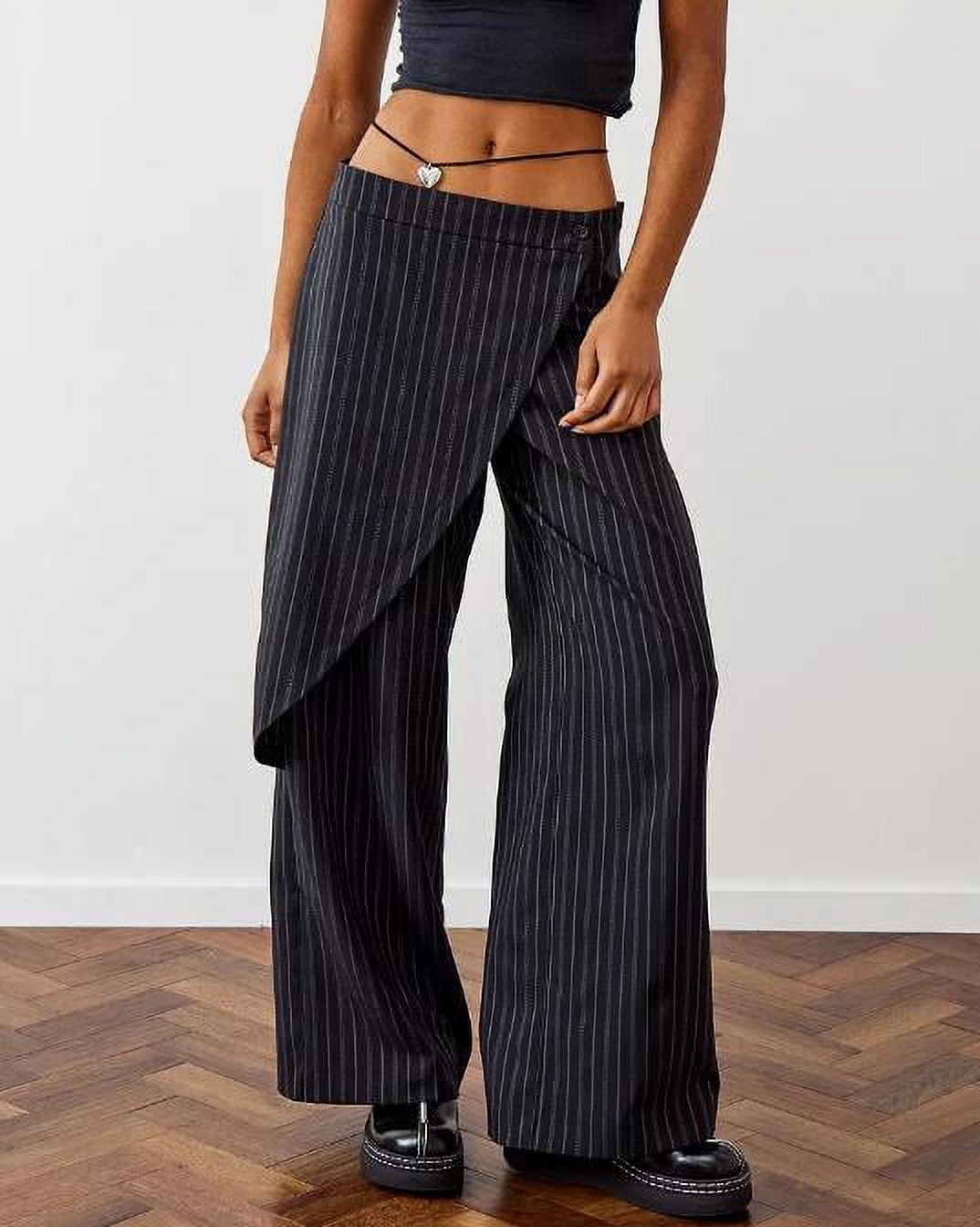 wybzd Women Loose Wide Leg Pants Irregular Striped Print Skirt Trousers