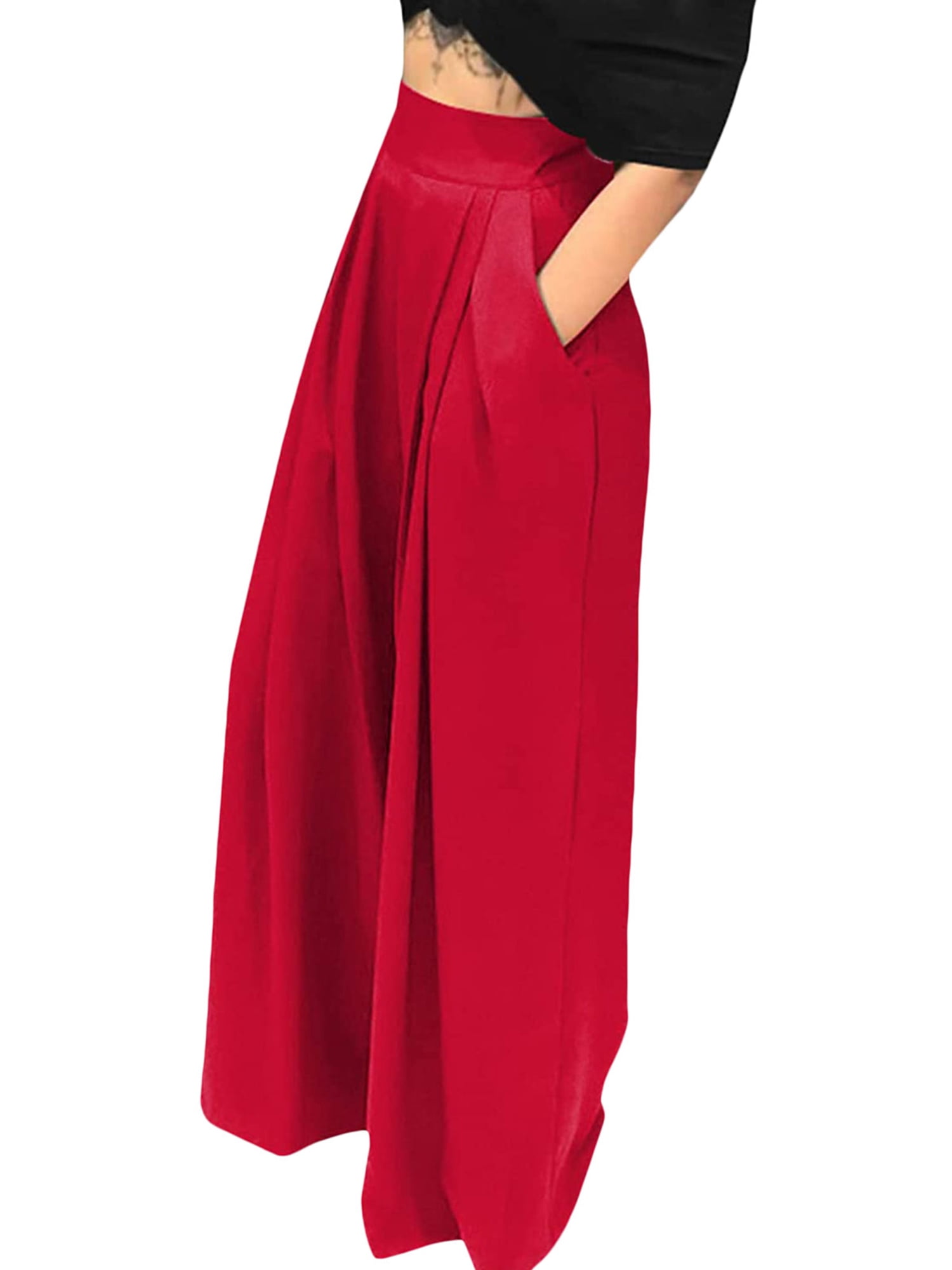 wybzd Women Plus Size Casual Wide-Leg Trousers Stretchy High Waist Loose Palazzo  Pants with Pockets 