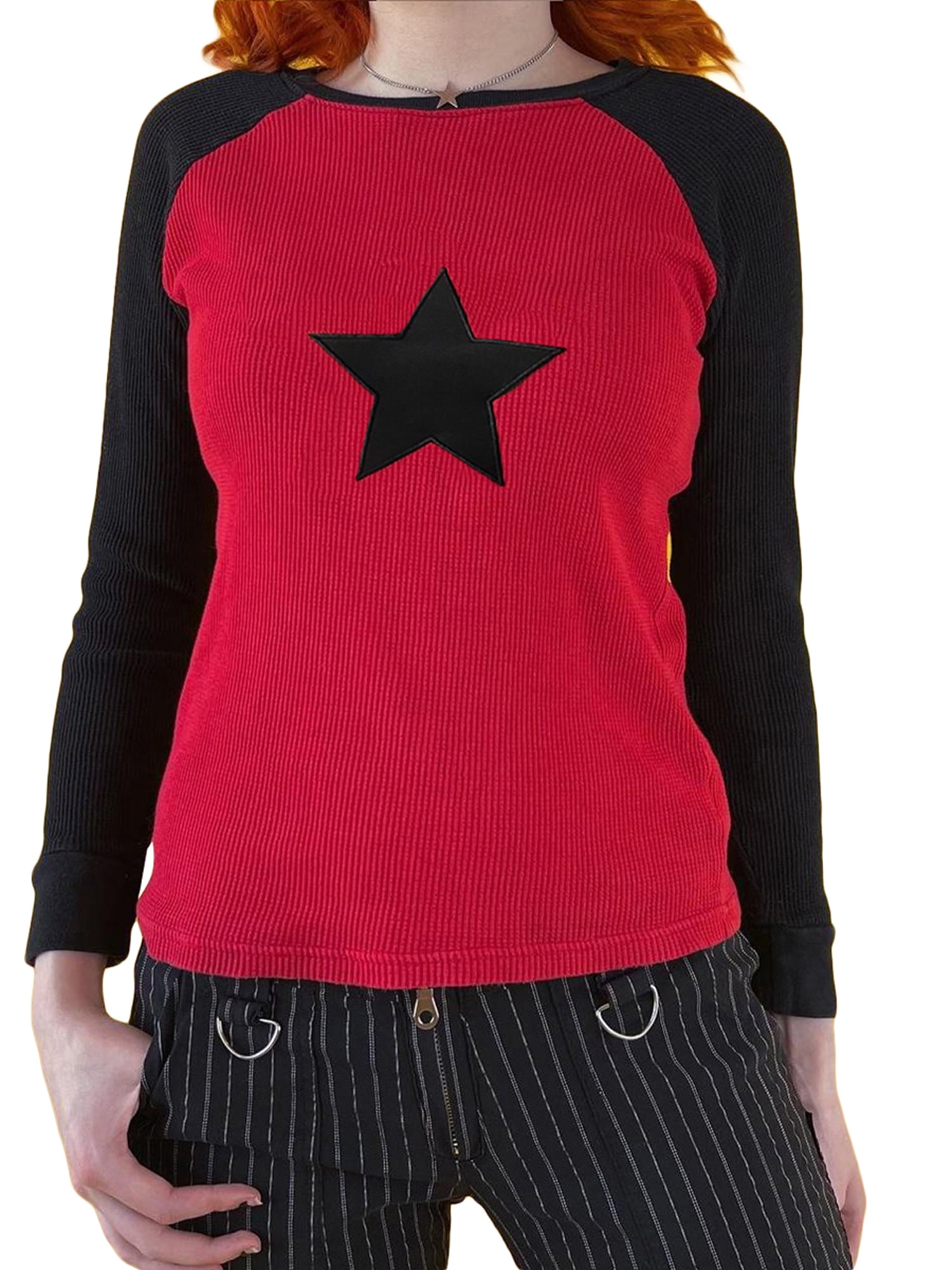 wybzd Women Retro Long Sleeve Graphic T-Shirt Star Print Knit Tee Shirt  Harajuku Top Y2k Grunge Streetwear Red L