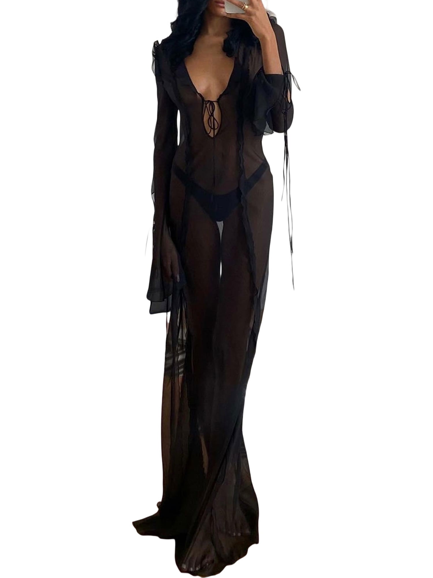 wybzd Women See Through Dress V Neck Sheer Mesh Maxi Dress Side Split  Bikini Cover Up Slit for Beachwear Black M 
