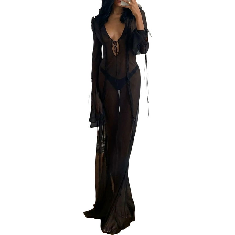 wybzd Women See Through Dress V Neck Sheer Mesh Maxi Dress Side Split  Bikini Cover Up Slit for Beachwear Black M
