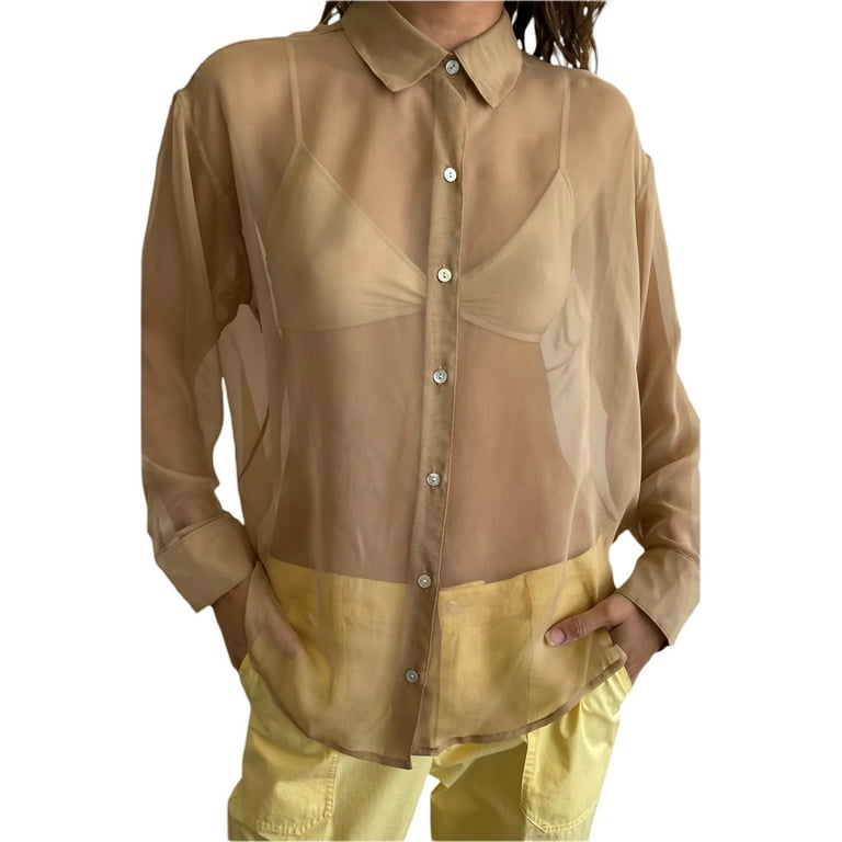 wybzd Women Sheer Mesh See Through Lapel Button Down Shirt Long Sleeve  Spring Autumn Blouse Tops Khaki XL