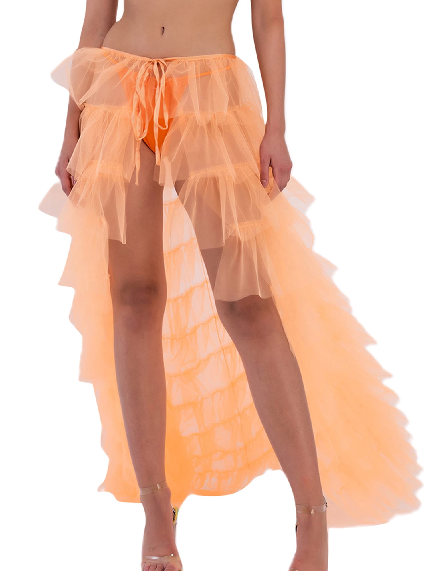 wybzd Women Solid Color Mesh See-Through Bandage Layered Irregular Long  Skirts Streetwear Beachwear One Size 