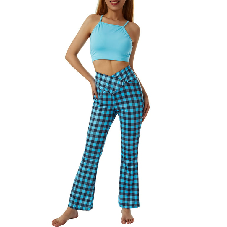 wybzd Women Solid Color/Tie Dye/Plaid Pattern V Cross Waist Bell Bottom  Leggings Yoga Flare Pants S-2XL