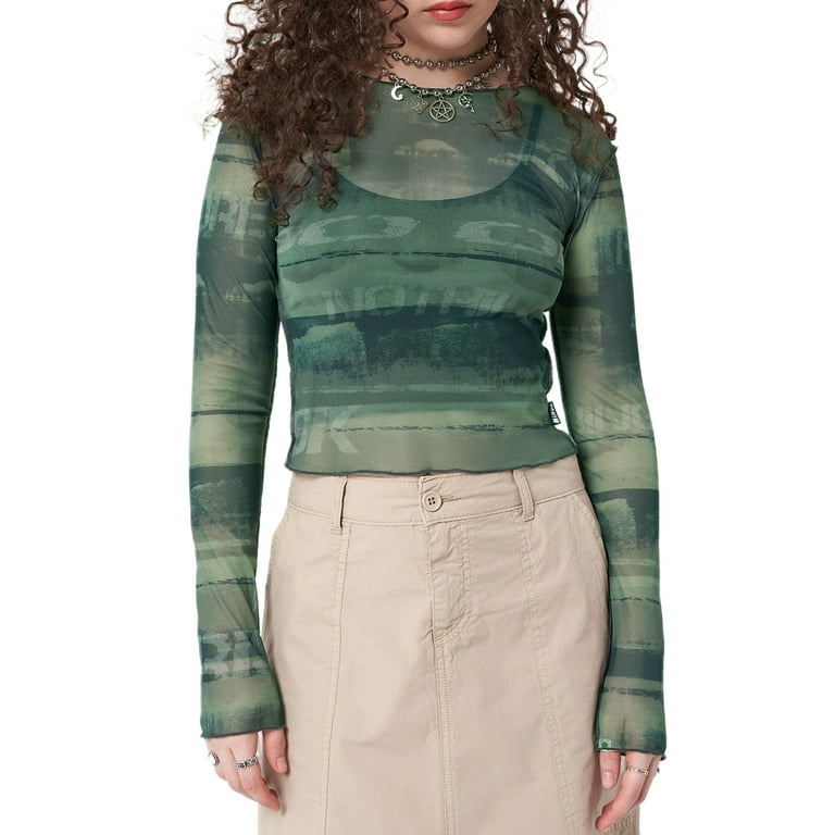 wybzd Women Spring Fall Sheer Mesh T-Shirts Letter Pattern Printed Long  Sleeve Skinny Crop Tops Streetwear S-L 