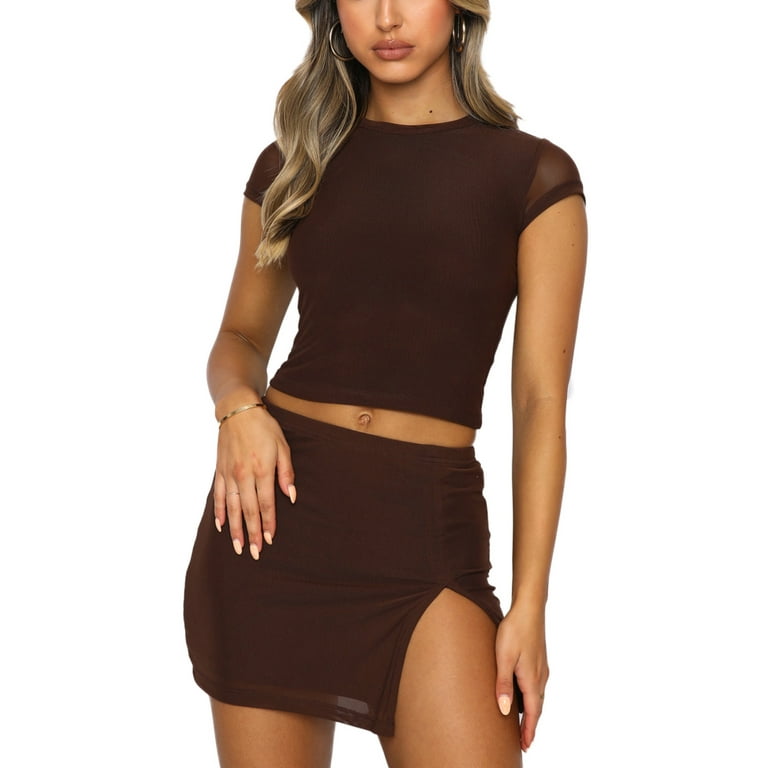 wybzd Women Summer 2pcs Mesh Short Skirt Outfits Short Sleeves Crop  Top+High Waist Split Mini Skirt Set Coffee XL 