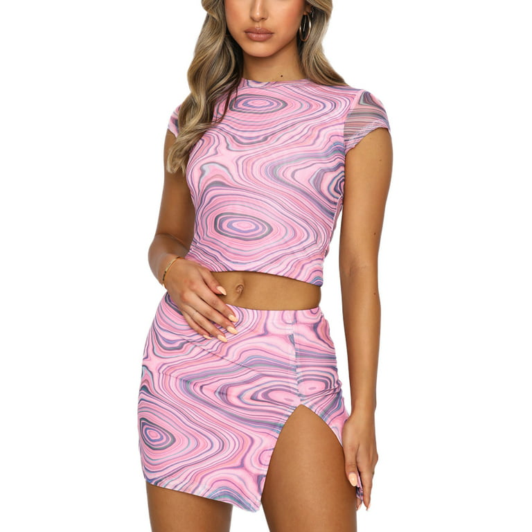 wybzd Women Summer 2pcs Mesh Short Skirt Outfits Short Sleeves Crop  Top+High Waist Split Mini Skirt Set Pink XL