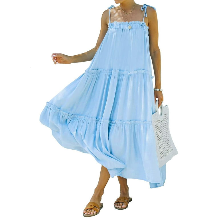 wybzd Women Summer Flowy Ruffle Tiered Dress Adjustable Spaghetti Strap  Sleeveless Cami Beach Long Dresses Light Blue XL