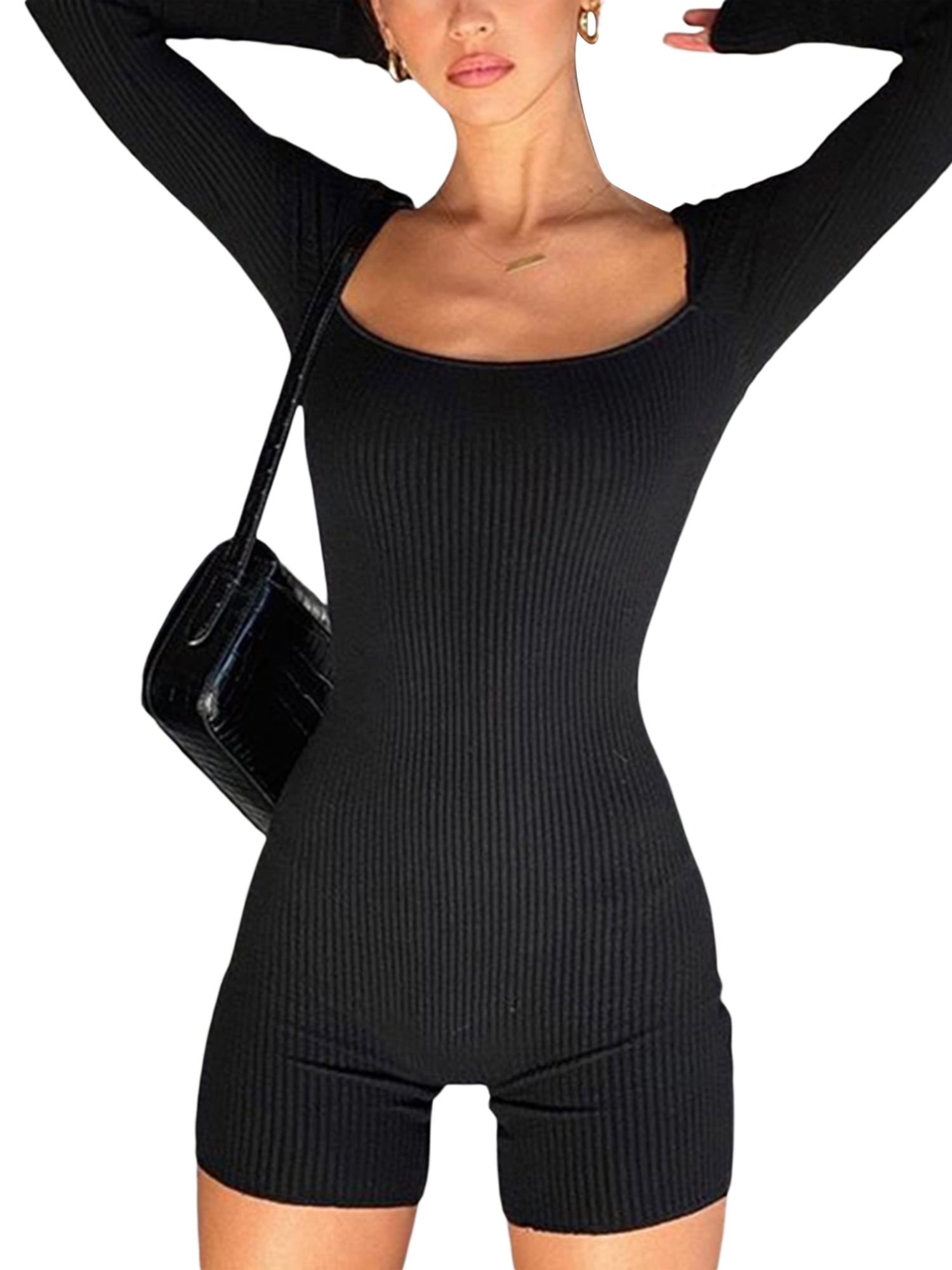 wybzd Women Tight Jumpsuit Long Sleeve Knitted Short Romper Yoga Sports Gym  Backless Skinny Bodysuit Black M