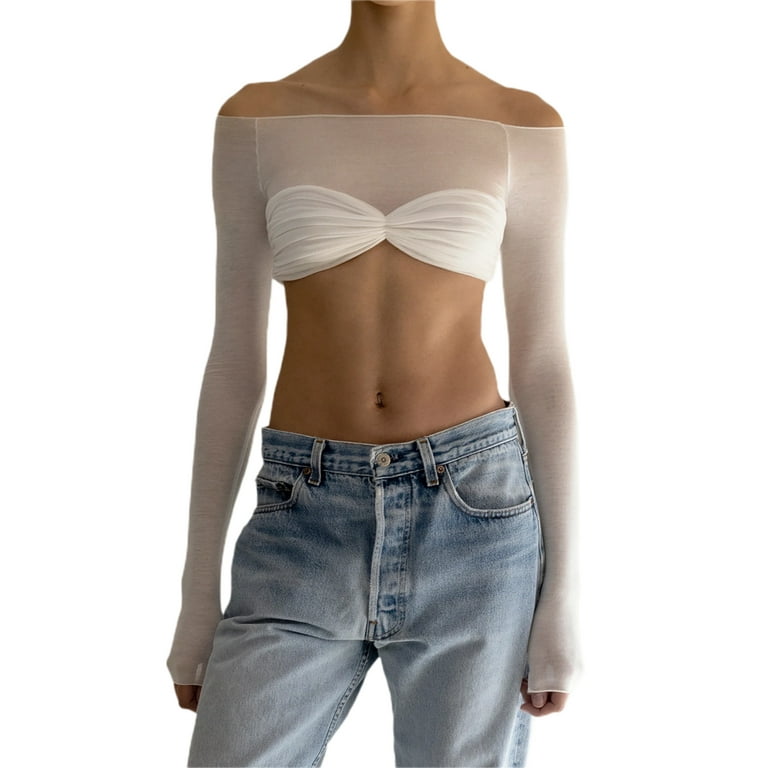 wybzd Women Y2K Off Shoulder Crop Tops Sheer Mesh Backless Slim Fit Blouse  Elegant Long Sleeve Tights Shirts 